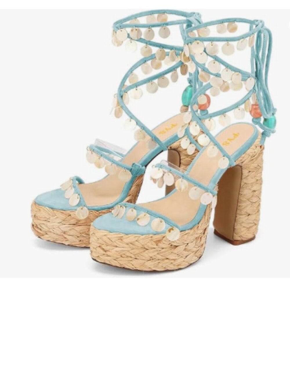 FYS Blue Strappy Platform Shell Embellishemnt Chunky High Heels Lace Up Sandals